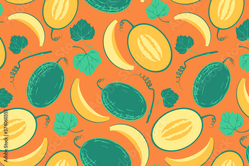 Fototapeta Naklejka Na Ścianę i Meble -  Ripe yellow melon seamless pattern. Whole berry with slice, flowers and seeds. Hand drawn illustration for fabric, textile, cover, wallpaper, calendar. Organic vegetarian food backdrop. EPS 10