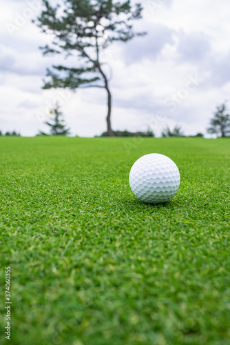Golf Course with golf ball. Golf course with a rich green turf beautiful scenery.