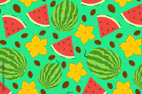 Cute watermelon seamless pattern. Whole berry with slice, flowers and seeds. Hand drawn illustration for fabric, textile, cover, wallpaper, calendar. Organic vegetarian food backdrop. EPS 10