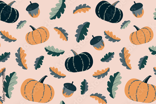 Cute autumn seamless pattern. Pumpkin and acorn elements illustration. Hand drawn vector print design for fabric, wrapping paper or wallpaper. Vegetable background in autumn mood. EPS 10