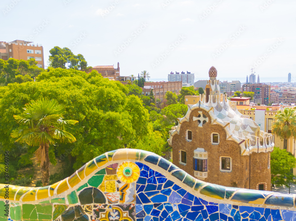 The monumental zone of Park Guell in Barcelona, Spain