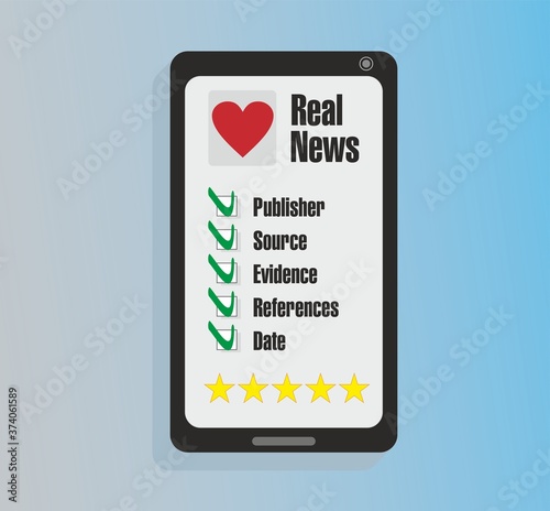 Mobile phone with hearth with text Real News. Check boxes and five stars. Vector illustration.