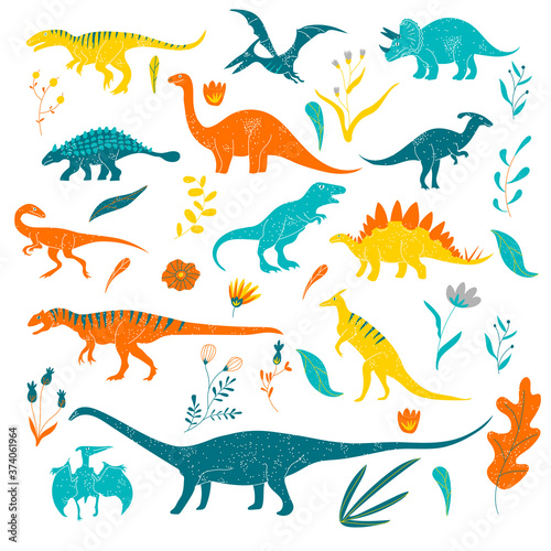 Stylized Funny Dinosaurs or Reptile with Floral Elements Vector Set