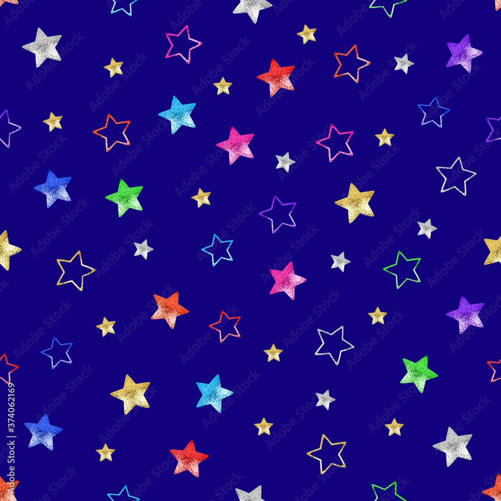 Seamless pattern colorful stars on blue background isolated, shiny stars on dark night sky backdrop, glittering starry space repeating ornament, funny print, decorative cosmic wallpaper, art texture