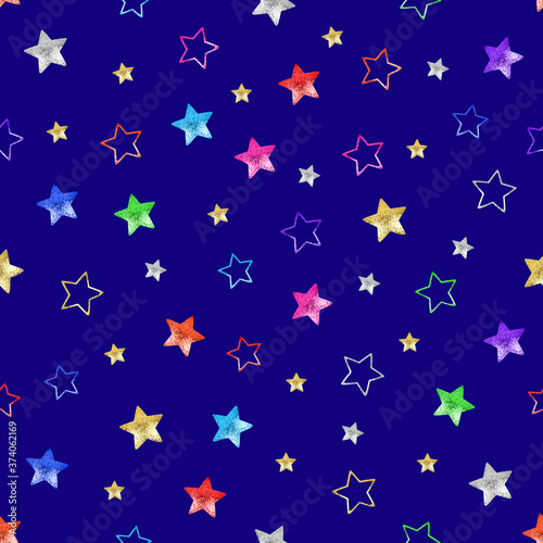 Fototapeta Naklejka Na Ścianę i Meble -  Seamless pattern colorful stars on blue background isolated, shiny stars on dark night sky backdrop, glittering starry space repeating ornament, funny print, decorative cosmic wallpaper, art texture