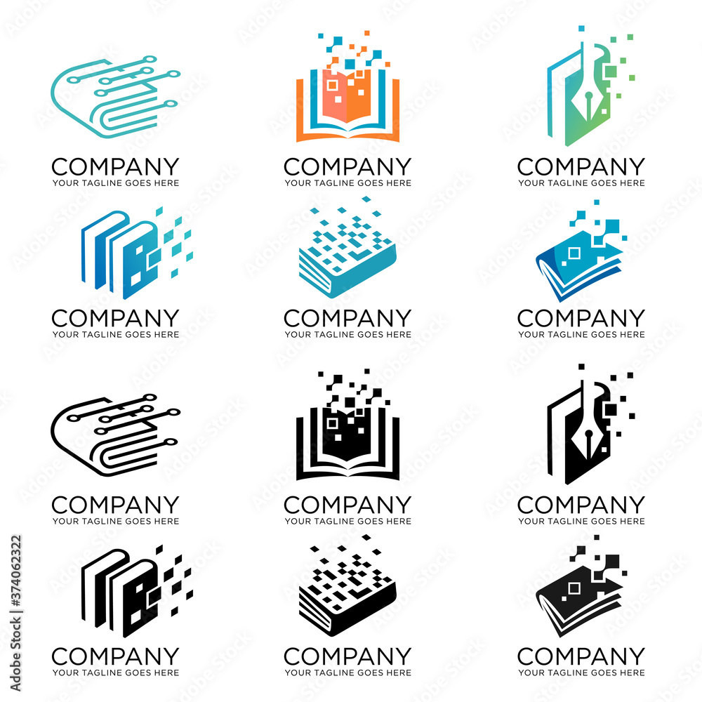 Set of digital tech book logo design, Pixel Book Logo Template Design Vector, Online Education Logo template, Internet network online school icon. digital school logo