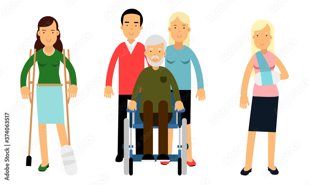 Disabled People Characters Getting Help and Assistance Vector Illustration Set Disabled People Characters Getting Help and Assistance Vector Illustration Set