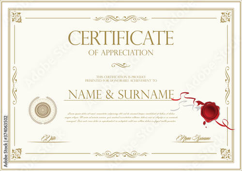 Certificate with golden seal and colorful design border 