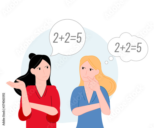 Cartoon flat girls spread false information vector illustration modern style 