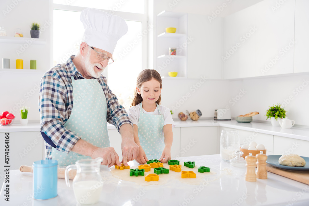 Portrait of nice cheerful focused grey-haired granddad grandchild preparing cooking making domestic dessert cookies sweet snack using cutter in modern light white interior kitchen house Portrait of nice cheerful focused grey-haired granddad grandchild preparing cooking making domestic dessert cookies sweet snack using cutter in modern light white interior kitchen house
