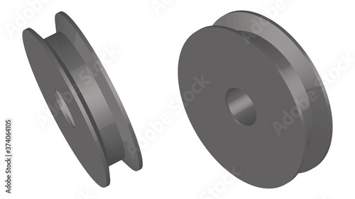 Pulley wheel. Mechanical device. 3D effect vector