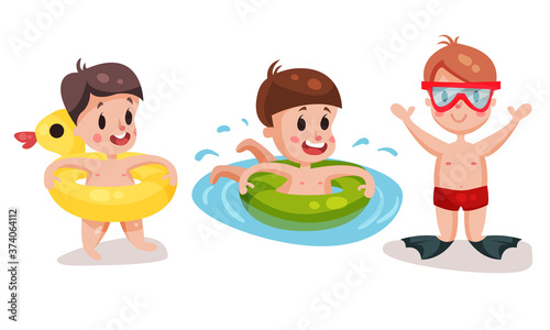 Funny Boys in Beach Wear with Rubber Ring Swimming and Playing Vector Illustration Set