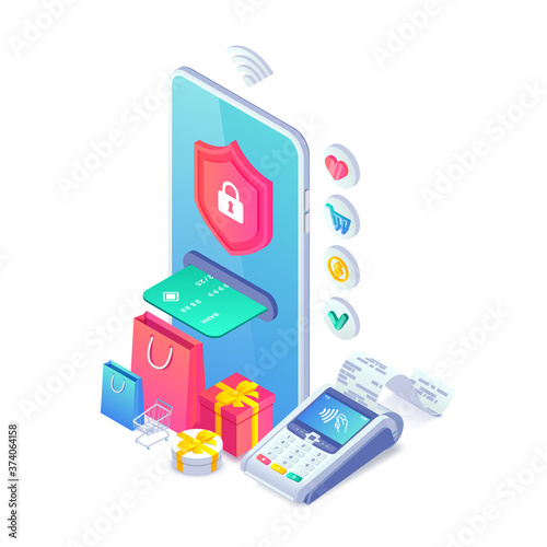Online secure nfc smartphone payment isometric concept. Safe internet shopping vector illustration with 3d mobile phone, pos terminal, shopping cart, gifts for web banner, mobile app, infographics