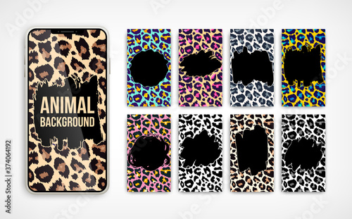 Trendy leopard abstract vertical banner background set. Vector wild animal texture with hand drawn grunge brush stroke on smartphone screen collection for social media, cover, phone wallpaper