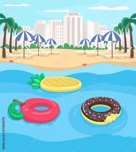 Seaside resort and pool floats flat color vector illustration. Apple and pineapple floats. Empty city beach. Summer recreation 2D cartoon landscape with cityscape on background