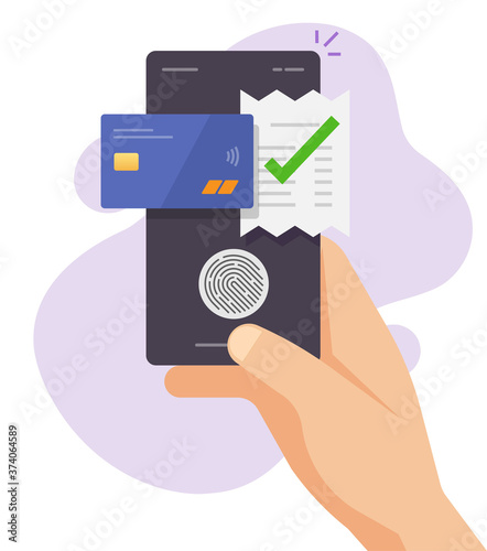 Touch fingerprint id payment bill invoice tech vector via credit bank card and mobile phone smartphone flat, electronic cellphone digital thumbprint paying concept, transaction receipt on person hand