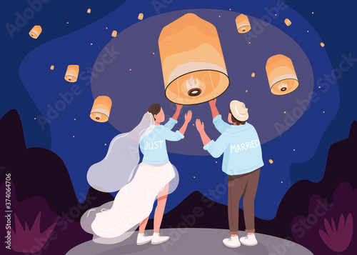 Romantic celebration with lanterns flat color vector illustration. Night sky for paper light to float. Traditional oriental wedding. Indian couple 2D cartoon characters with nightscape on background