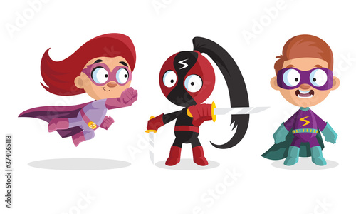 Kid Characters in Bright Superhero Costumes and Masks Vector Set
