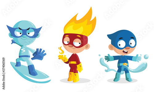 Kid Characters in Bright Superhero Costumes and Masks Vector Set