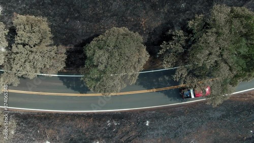 Napa, California, USA. 22 August 2020. Aerial over road & burnt forest and farmland in the LNU Lightning Complex Fire that ravaged the Napa, Sonoma, Lake and Solano counties. photo