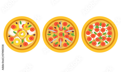 Hot and Round Tasty Pizza Top View Vector Set