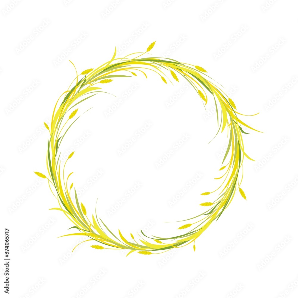 Round wreath or crown with gold and brown ears of wheat, barley or rye and blades of grass.