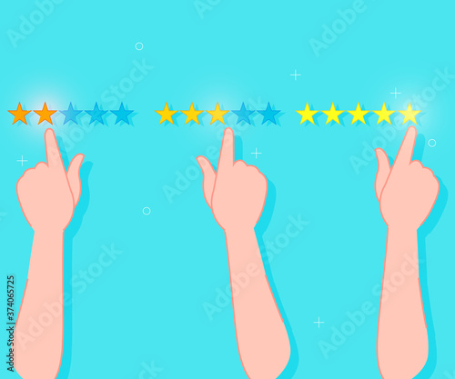 Feedback concept hands give star ratings cartoon flat vector illustration modern style