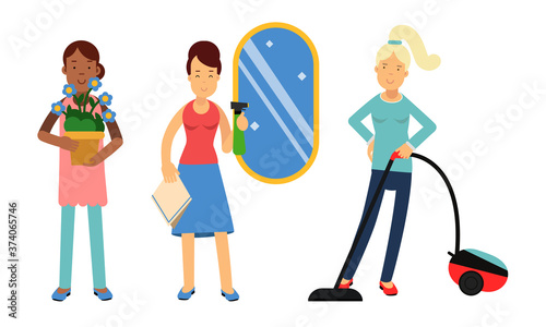Energetic Housewife Vacuum Cleaning, Washing Window and Planting Vector Illustration Set
