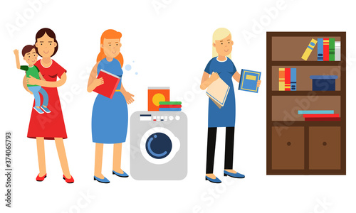Energetic Housewife Doing Laundry, Dusting and Nursing Baby Vector Illustration Set
