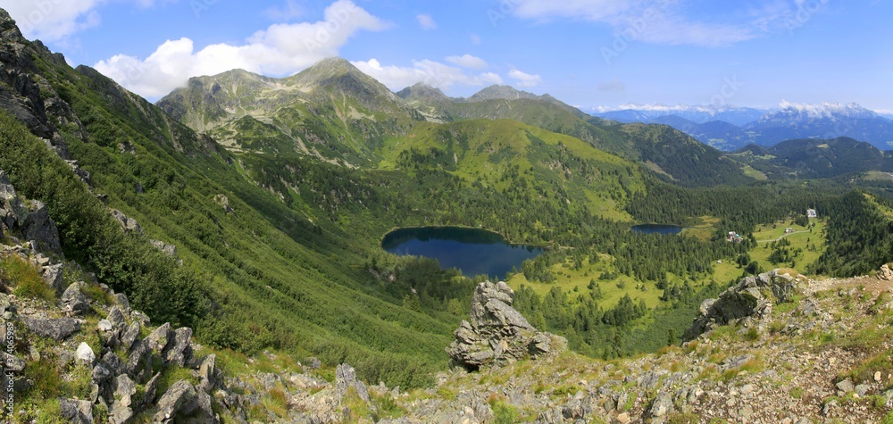 Panorama of the Lower Tauern with mount Grosser Bosenstein, lake Scheibelsee and Edelrautehutte, Alps, Styria, Austria