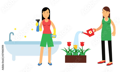 Energetic Housewife Scrubbing the Buthtub and Watering Flower Bed Vector Illustration Set