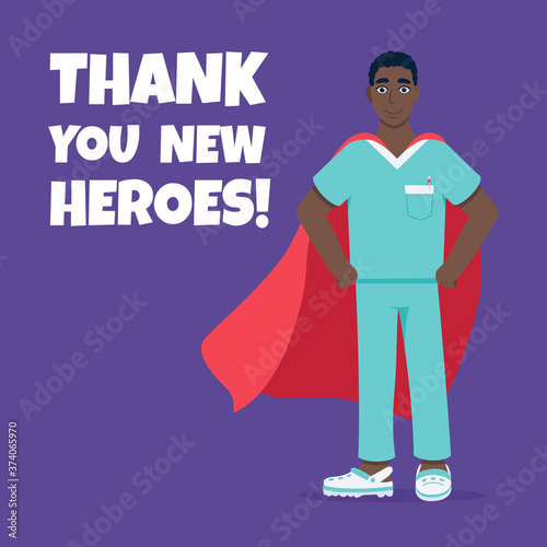 Young male nurse hospital medical employee with hero cape behind fights against diseases and viruses on frontline flat style vector illustration. Future doctor or surgeon medical clinic staff new hero