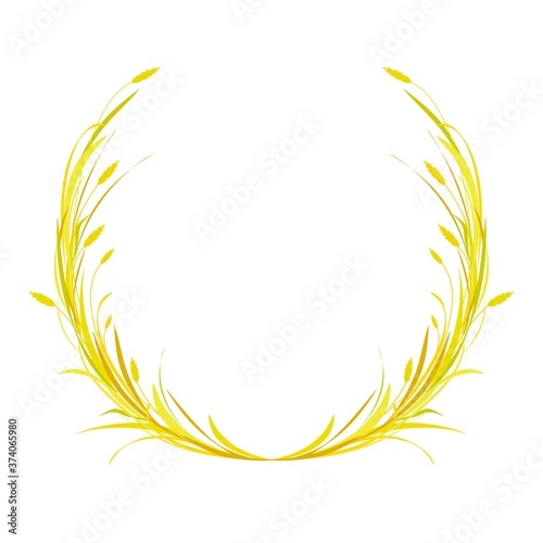 Round wreath, laurel or crown with gold and brown ears of wheat, barley or rye and blades of grass.