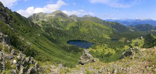 Obraz na płótnie Panorama of the Lower Tauern with mount Grosser Bosenstein, lake Scheibelsee and Edelrautehutte, Alps, Styria, Austria w salonie