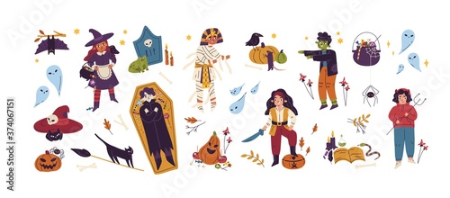 Halloween childish bundle with jack o lantern, coffin, witch, pirate, vampire and zombie. Cute creepy collection with childlike Helloween elements. Flat vector cartoon illustration isolated on white