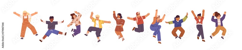 Happy children jumping with raised hands. Different pre teen or teenage energetic kids in motion. Active classmates or schoolchildren having fun. Flat vector cartoon illustration isolated on white