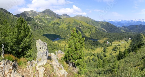 Panorama of the Lower Tauern with mount Grosser Bosenstein, lake Scheibelsee and Edelrautehutte, Alps, Styria, Austria