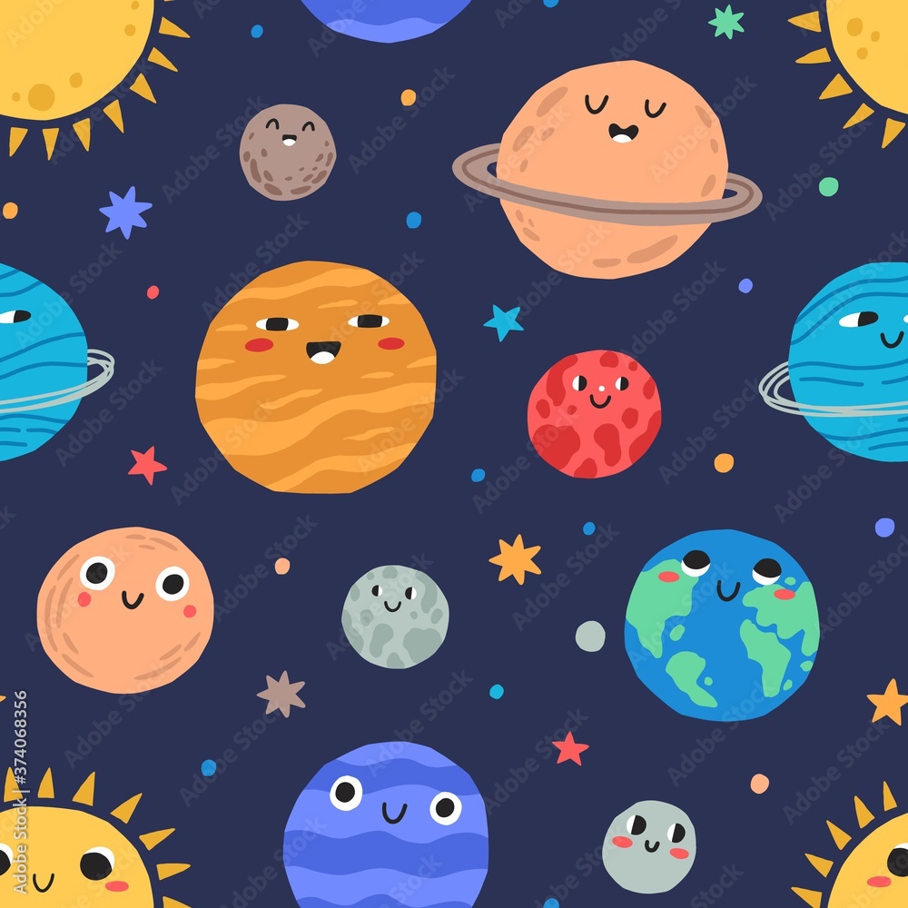 Cute childish planets and stars of solar system seamless pattern. Funny astronomical objects with orbits vector flat illustration. Cartoon universe with adorable cosmic celestial body Cute childish planets and stars of solar system seamless pattern. Funny astronomical objects with orbits vector flat illustration. Cartoon universe with adorable cosmic celestial body