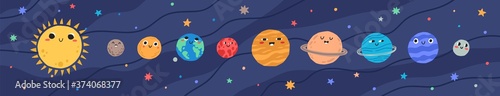 Funny childish planets in row vector flat illustration. Cute celestial bodies with smiling faces in sequence at outer space. Cartoon colorful astronomical objects at night sky