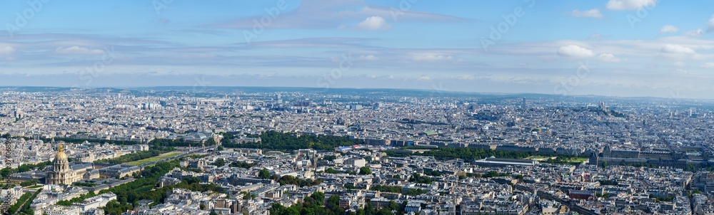Paris aerial cityscape from Hotel des Invalides to Palais Royal with Arc de Triomphe, Pont Alexandre III, Grand palais, Place de la Concorde and Sacre-Coeur basilica at Montmartre.