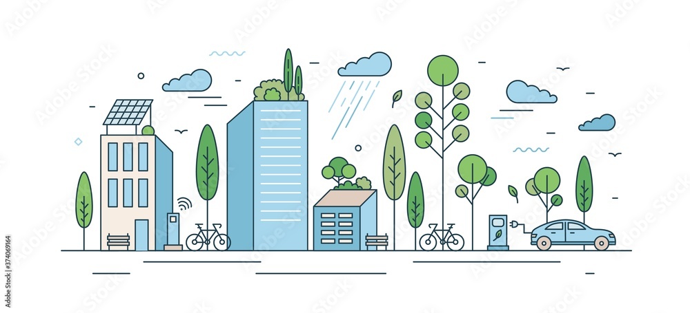 Modern eco friendly cityscape with architecture and natural park zone vector illustration in line art style. City architecture with solar energy and ecology transport at rainy day isolated on white
