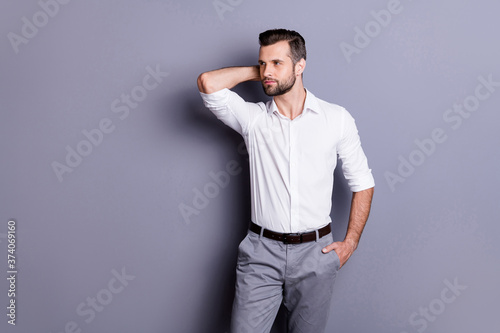 Canvas Print Profile side of charming dream dreamy marketer financier guy touch neck look cop