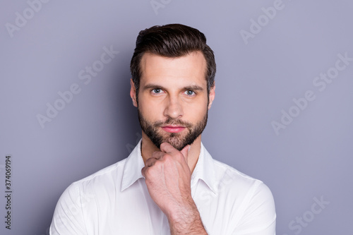 Portrait of reliable confident masculine marketer attorney ouch chin finger decide decisions solution wear classy style clothes isolated over gray color background