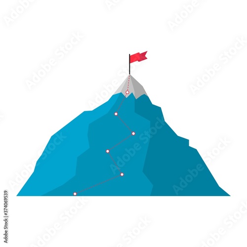 Mountain with red flag and with route to the top. Road to goal , move up, motivation. Path to the target's achievement