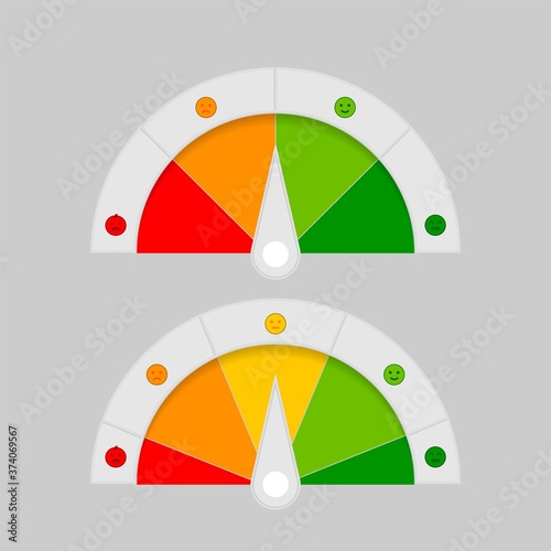 Set rating customer satisfaction meter. Set of measuring speedometer with emotions