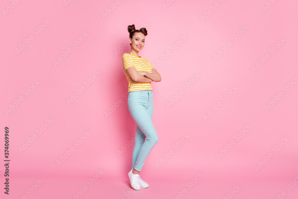 Full length body size view of her she nice attractive lovely pretty content cheerful cheery girl folded arms wearing season casual look isolated over pink pastel color background