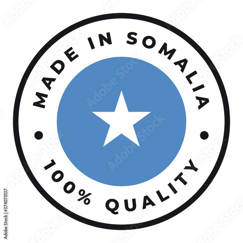 Vector circle symbol. Text Made in Somalia with flag. Isolated on white background.