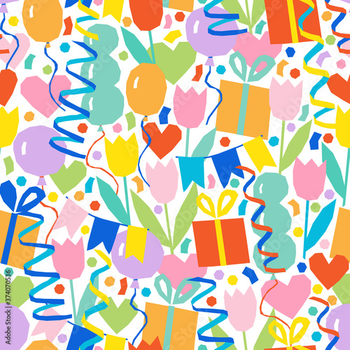 Vector seamless pattern in applique style on a birthday theme with gifts, balloons, festive garlands, confetti and flowers