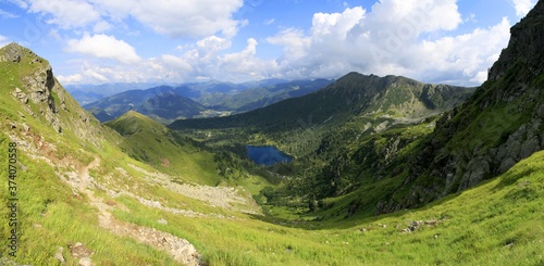 Panorama of the Lower Tauern with mount Grosser Hengst and lake Scheibelsee, Alps, Austria