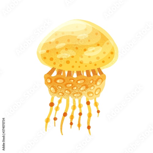 Yellow cartoon ocean dweller vector flat illustration. Colorful sea jelly creature with tentacles isolated on white background. Bright exotic wild underwater character decorated with design elements